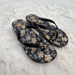 Tory Burch Black Floral Women's Platform Flip Flops